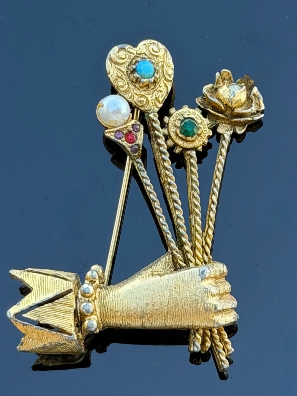 Rare Look Vintage Hand Holding Jeweled Flowers Figural Brooch Statement Pin